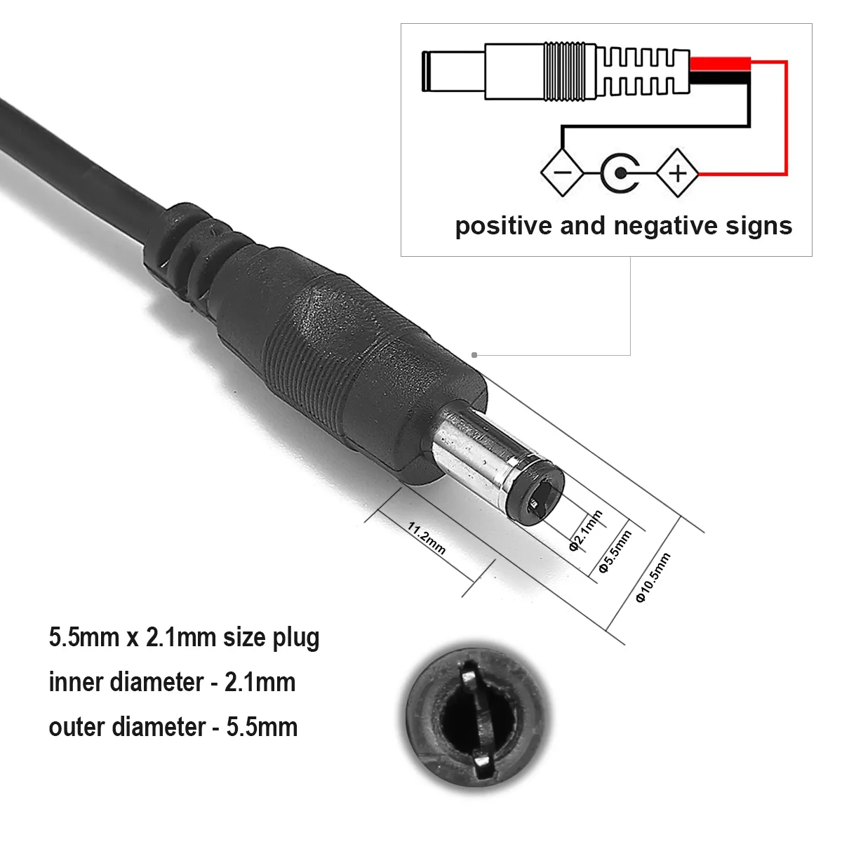 black dc power cable male plug size 5.5mm 2.1mm