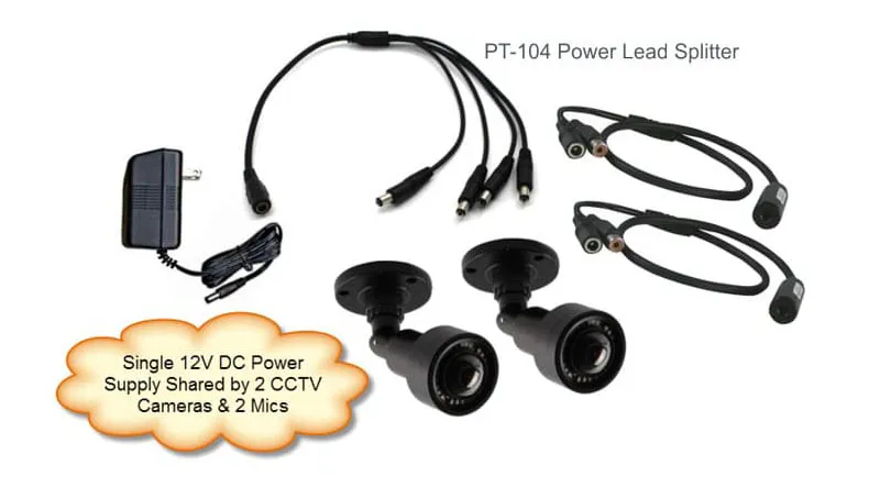 diagram shows a typical security camera installation using the DC power splitter cable