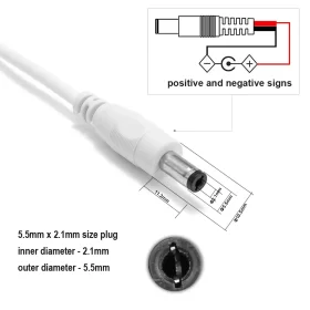 white dc power cable male plug size 5.5mm 2.1mm
