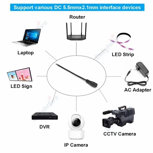 Black 12V 5A 5.5mm 2.1mm DC Female Pigtail Power Cable uses