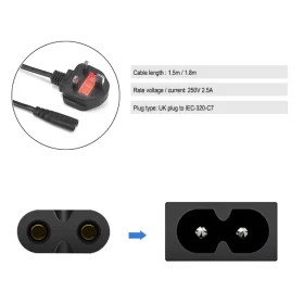 1.8m IEC-320-C7 UK Type C AC Power Cable 13A Tail wiring method